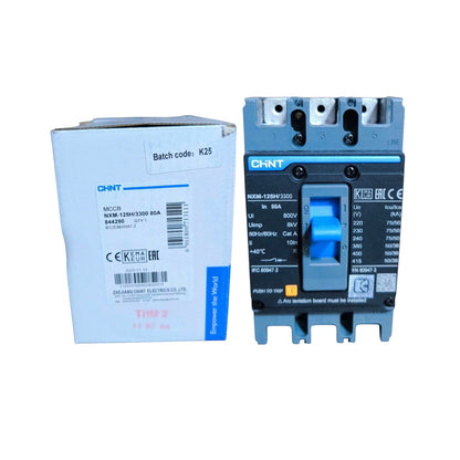 A CHNT KXBP 1250*2300 R3A circuit breaker shown next to its original white and blue cardboard packaging box on a plain white background.