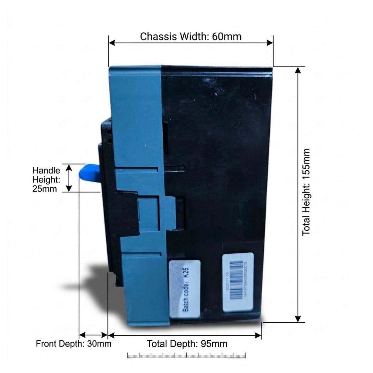 A dimension diagram of a black and blue electronic component or module, showing measurements for chassis width, total height, handle height, front depth, and total depth on a white background.