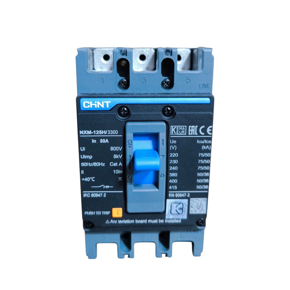 A CHNT NXKM-128H/3200 thermal overload relay with a blue handle and blue accents, photographed on a solid white background.