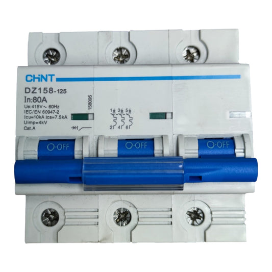 CHNT DZ158-125 In:80A modular circuit breaker with a blue handle and white plastic housing, shown on a plain white background.