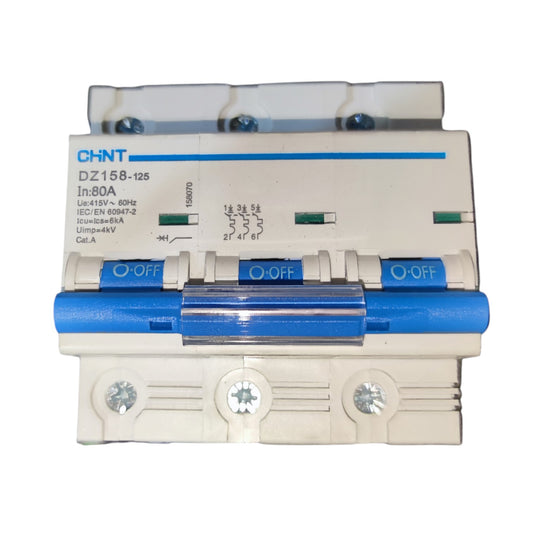 A CHNT DZ158-125 circuit breaker with a beige plastic housing and blue accents, including a blue handle and blue printed text, shown against a plain white background.