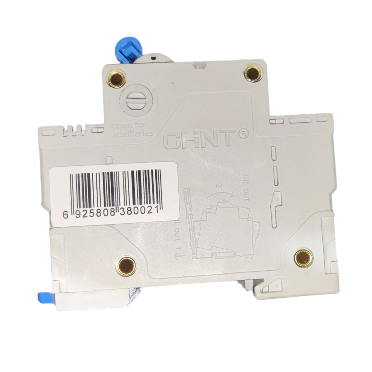 A CHNT electrical contactor or relay component, photographed from the back side. The main body is a light gray plastic housing with brass screw terminals, a white barcode label, and small blue plastic components at the top and bottom.