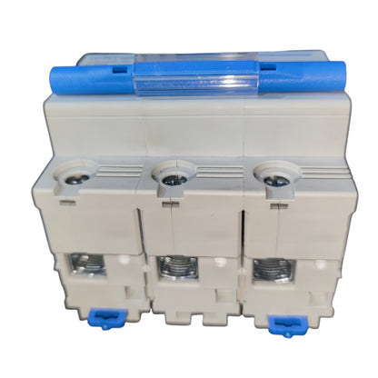 A three-pole modular electrical contactor with a beige plastic body and blue accents on the top handle and bottom terminal covers, shown against a plain white background.