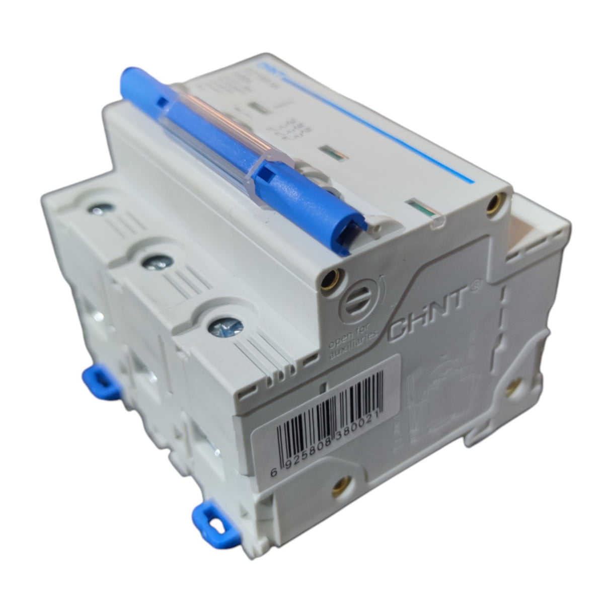 A CHNT brand modular electrical component, likely a circuit breaker or terminal block, in white plastic with prominent blue accents on the top handle cover, terminal caps, and bottom feet, shown on a plain white background.