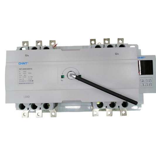Electrical control panel with various terminals and a display on a white background