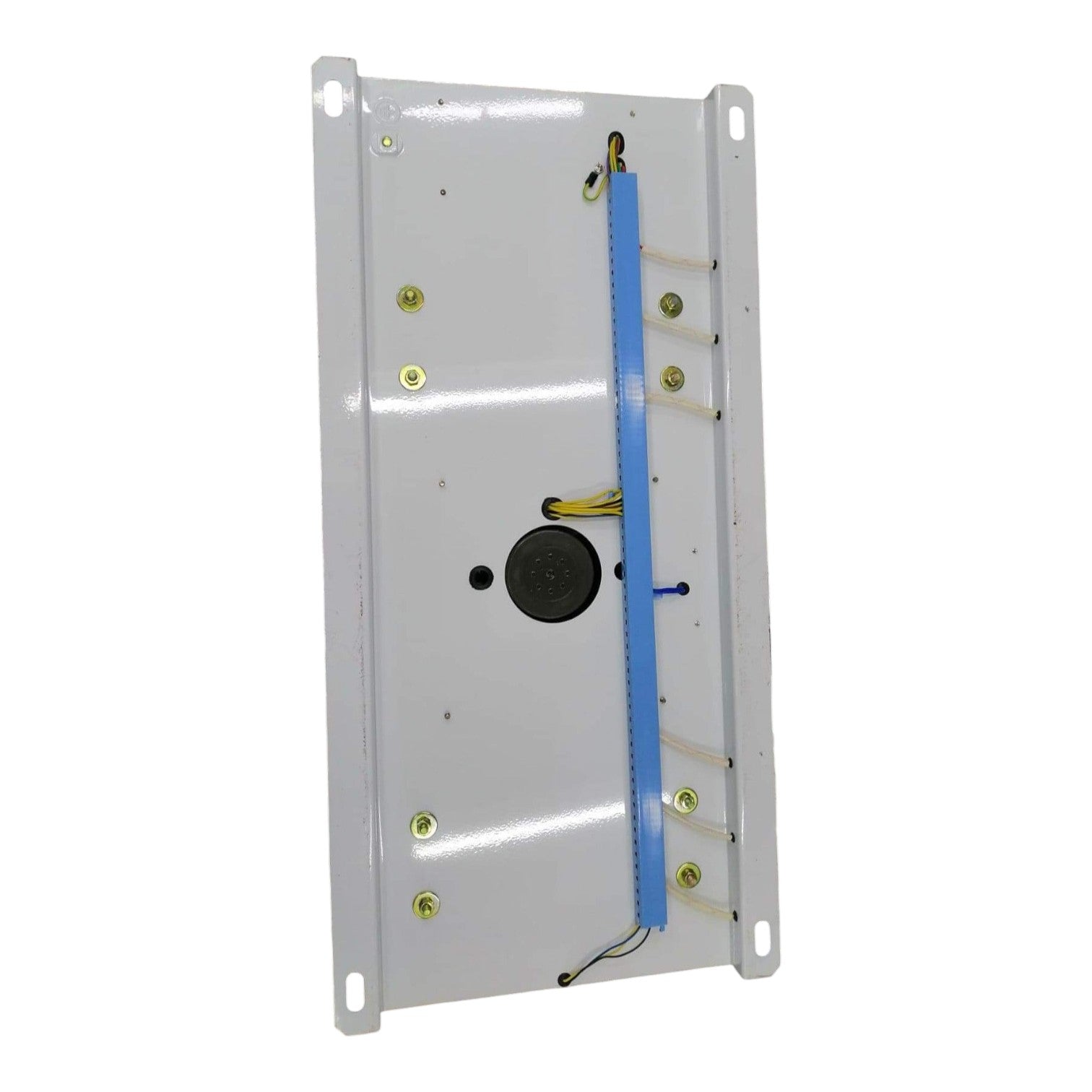 Rectangular metal panel with wiring on a white background