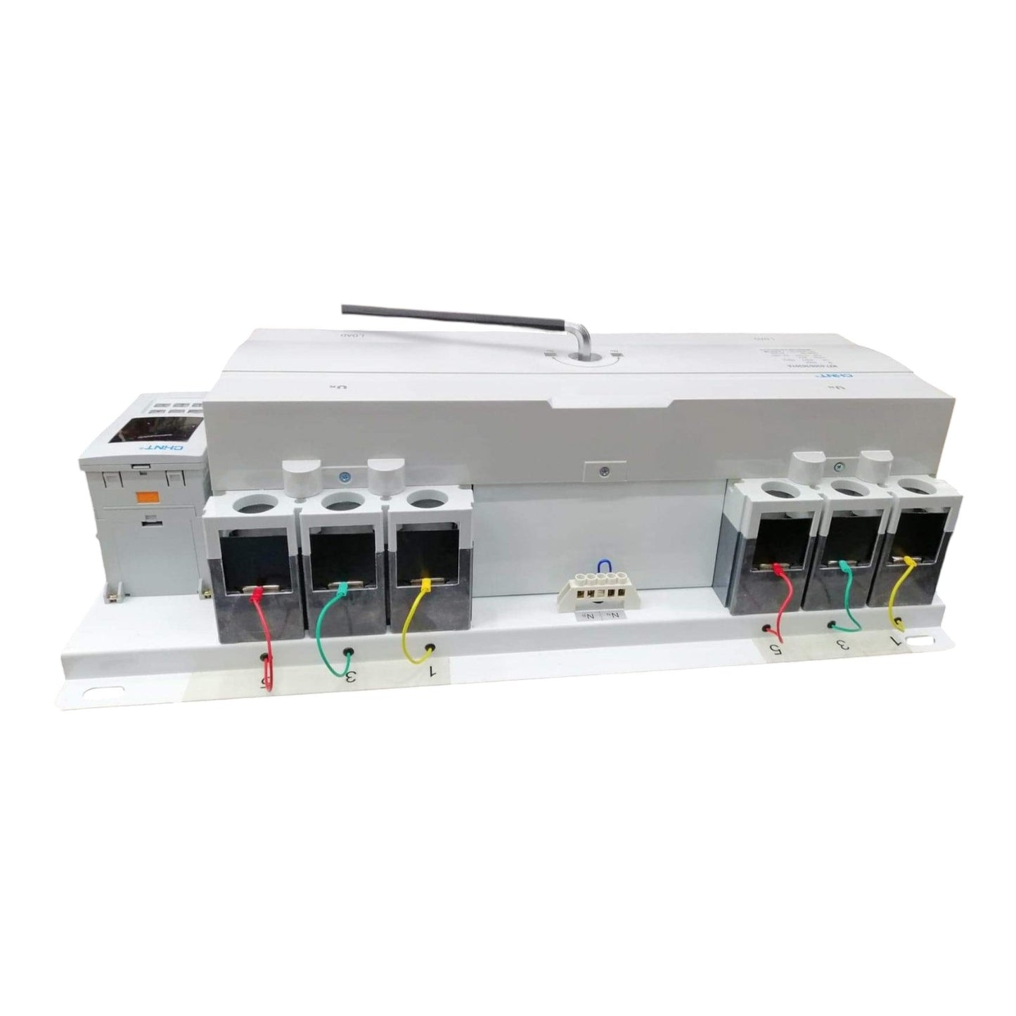 Electrical panel with multiple sockets and wiring on a white background