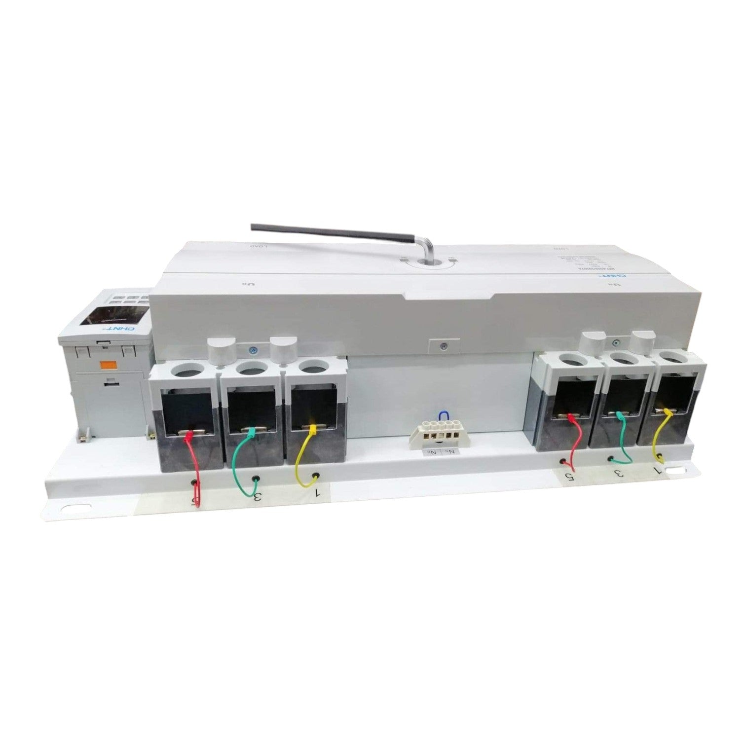 Electrical panel with multiple sockets and wiring on a white background