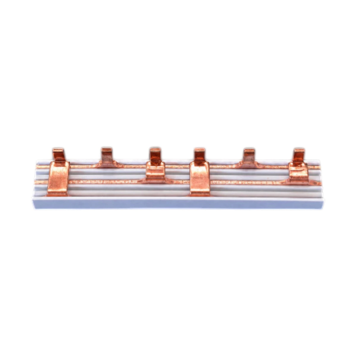 A copper-colored metal track or rail assembly with five evenly spaced mounting clips, shown horizontally against a plain white background.