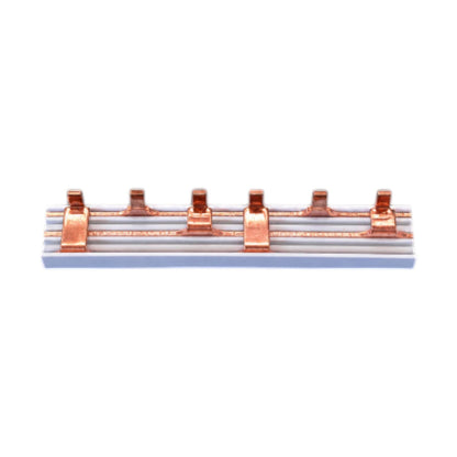 A copper-colored metal track or rail assembly with five evenly spaced mounting clips, shown horizontally against a plain white background.