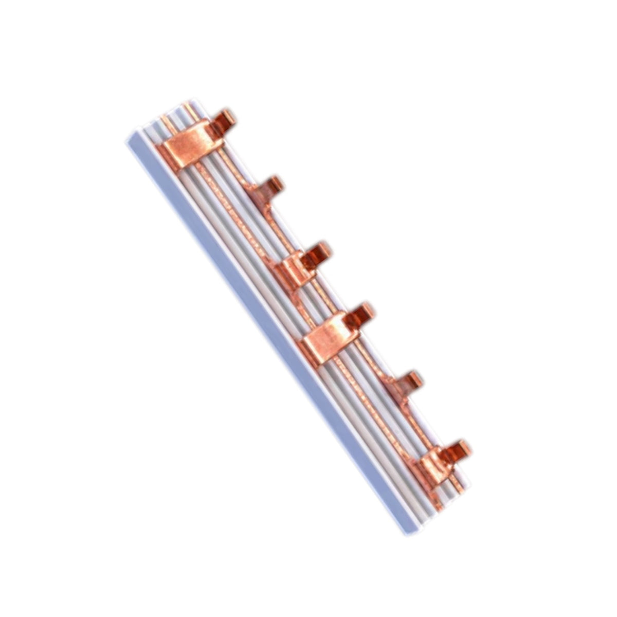 A copper heat sink fin array with multiple parallel fins and copper tabs, shown on a plain white background.