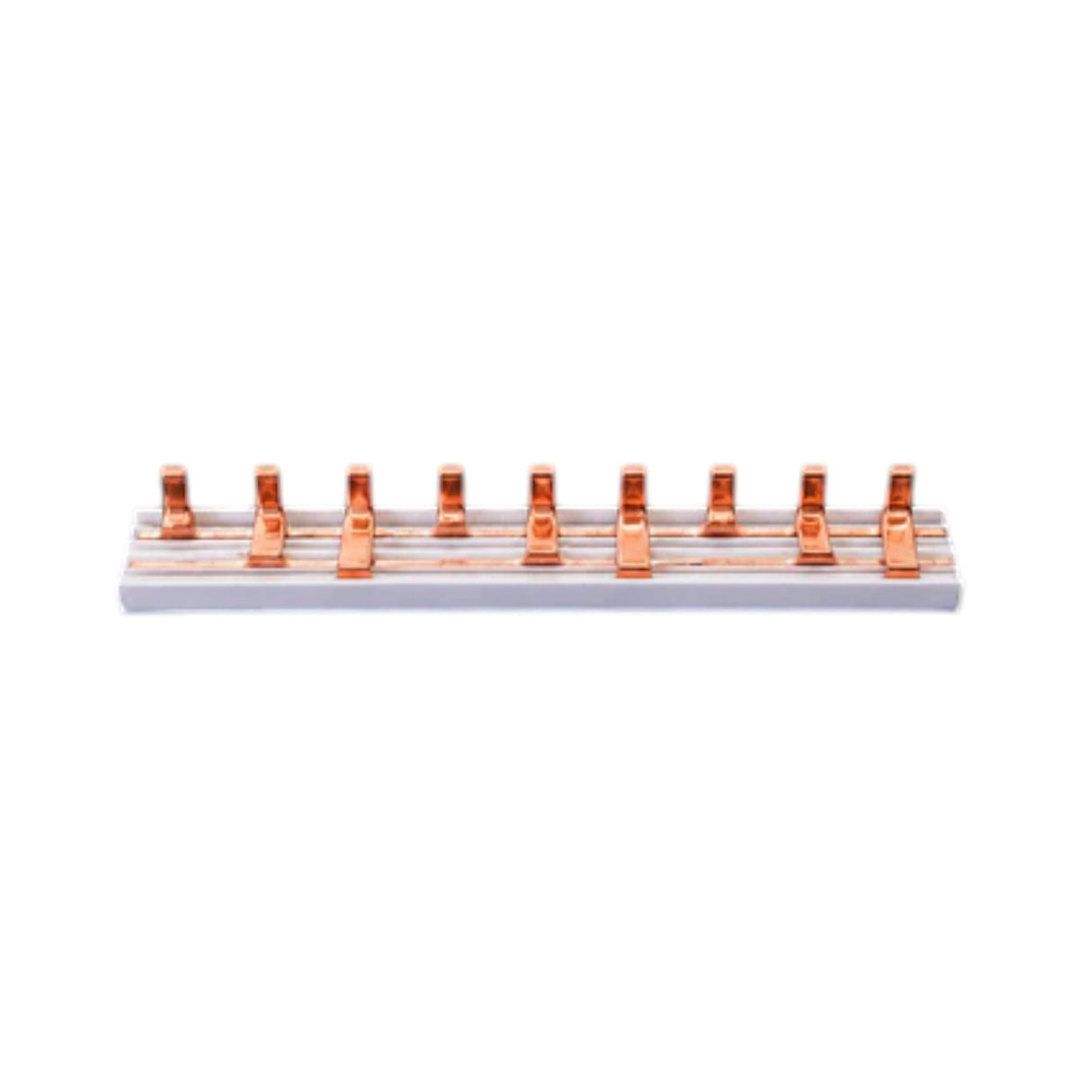 A copper-colored multi-pin electronic connector strip with multiple flat pins and spring clips, shown on a plain white background.