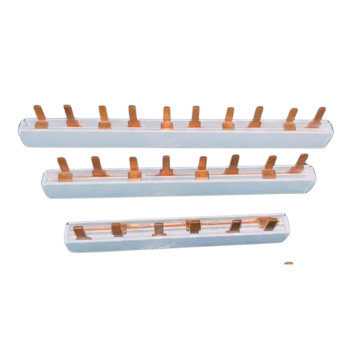 Three rectangular translucent white plastic holders with multiple small copper-colored metal posts, arranged horizontally on a plain white background.