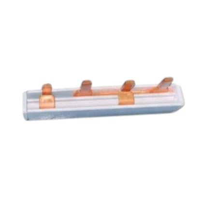 A small rectangular electronic component with a clear plastic casing, a light blue-gray base, and four copper-colored metal tabs on top, shown against a plain white background.