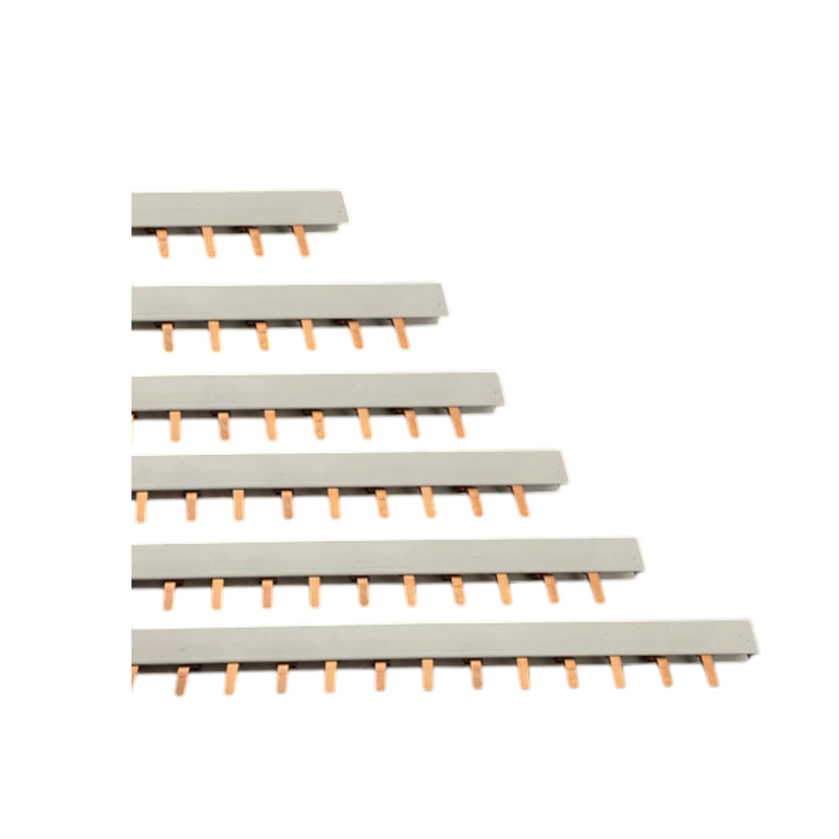 Five rectangular gray metal strips arranged in a staggered, ascending layout, each with multiple small copper-colored pins extending downward, on a plain white background.