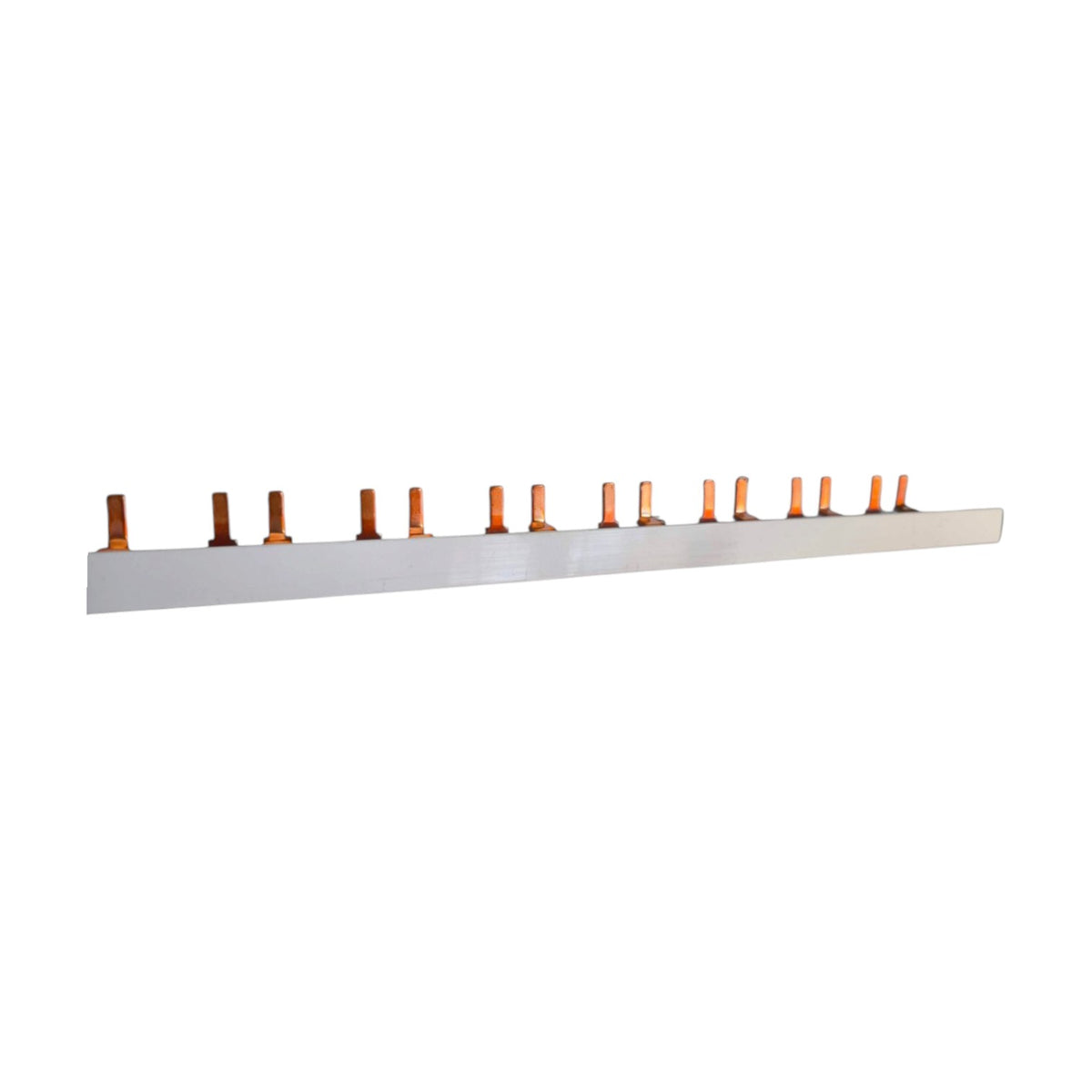 A long, narrow rectangular metal bar with multiple evenly spaced small orange-brown vertical posts or hooks attached to it, shown on a plain white background.