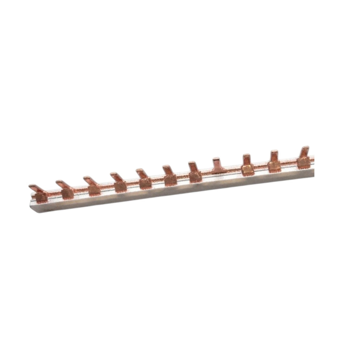 A copper-colored metal strip with multiple small vertical prongs or clips attached to a flat base, shown on a plain white background.