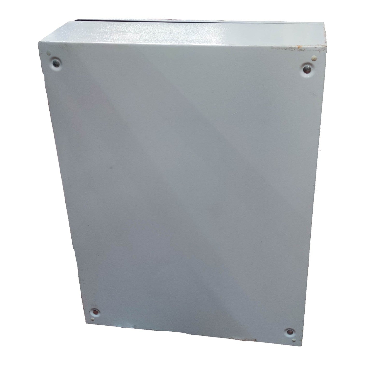 Metallic box with screws on a white background