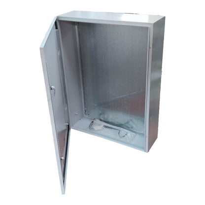 Metallic cabinet with open door on a white background