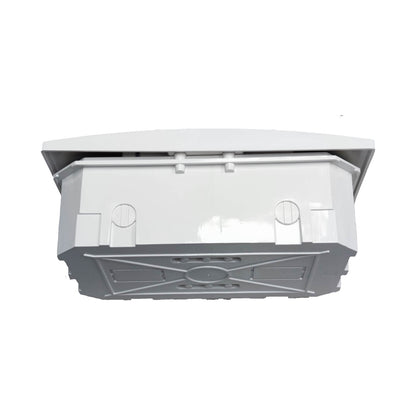 A white plastic utility or drainage box with a hinged lid, shown from a top-down perspective on a solid white background.