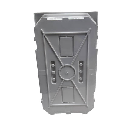 Gray plastic electronic motion detector or trail camera housing with a rugged, industrial design, shown from a top-down angle on a white background.