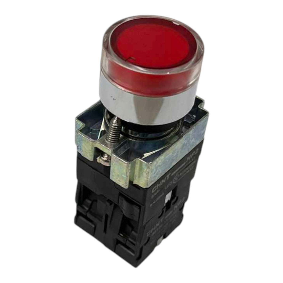 An industrial push button with a red lens cover, a silver metal collar, and a black plastic base, shown on a plain white background.
