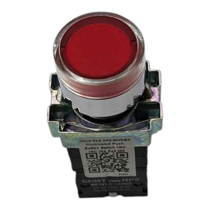 A CHNT NP2 illuminated push button switch with a red light lens and a black base, shown on a plain white background.
