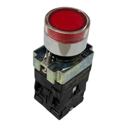 A red push-button electrical switch with a black plastic base and a silver metal collar, shown on a plain white background.