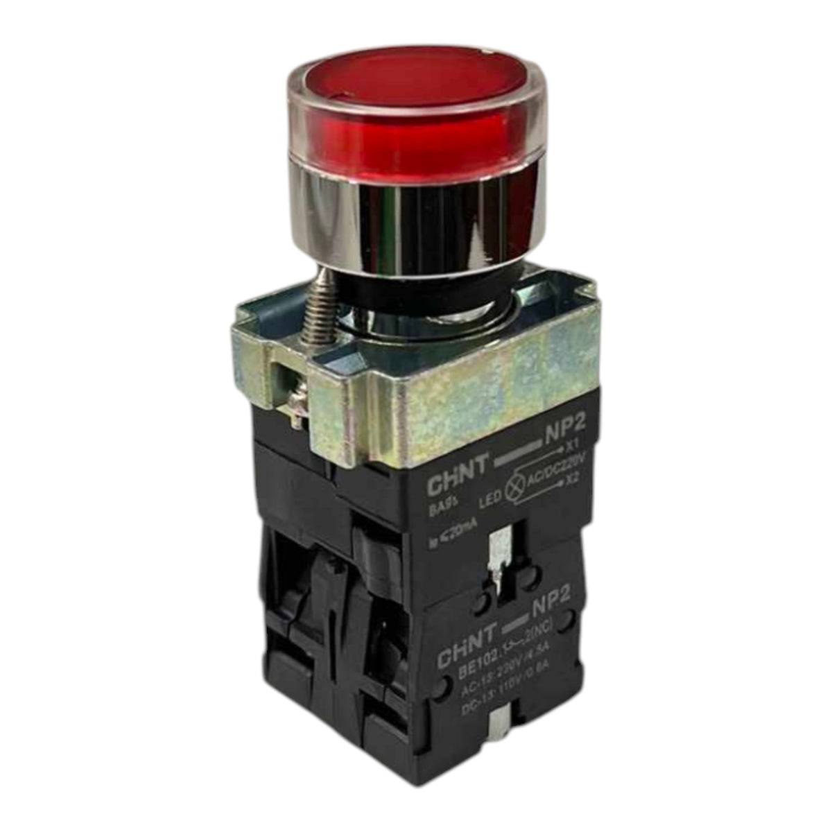 A CHNT NP2 industrial push-button switch with a red LED indicator light on a silver metal top and a black plastic base, shown on a white background.
