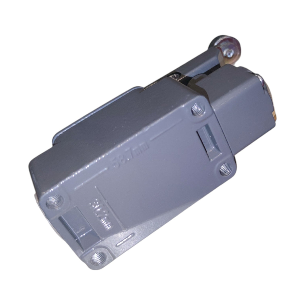 A gray industrial electrical component or switch module with a metal lever and mounting holes, shown on a plain white background.