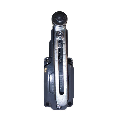 A heavy-duty mechanical hydraulic component, likely a lift cylinder or jack assembly, featuring a black plastic body and a silver metal lever with a black circular top, isolated on a white background.