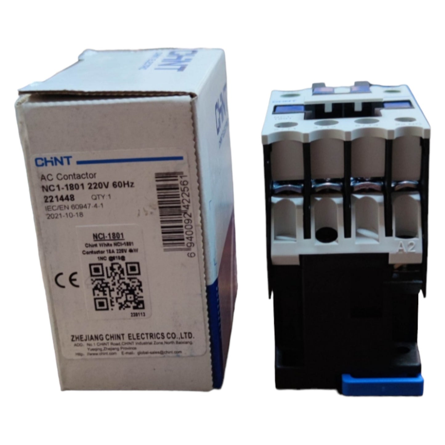 Chint AC contactor with its packaging on a white background