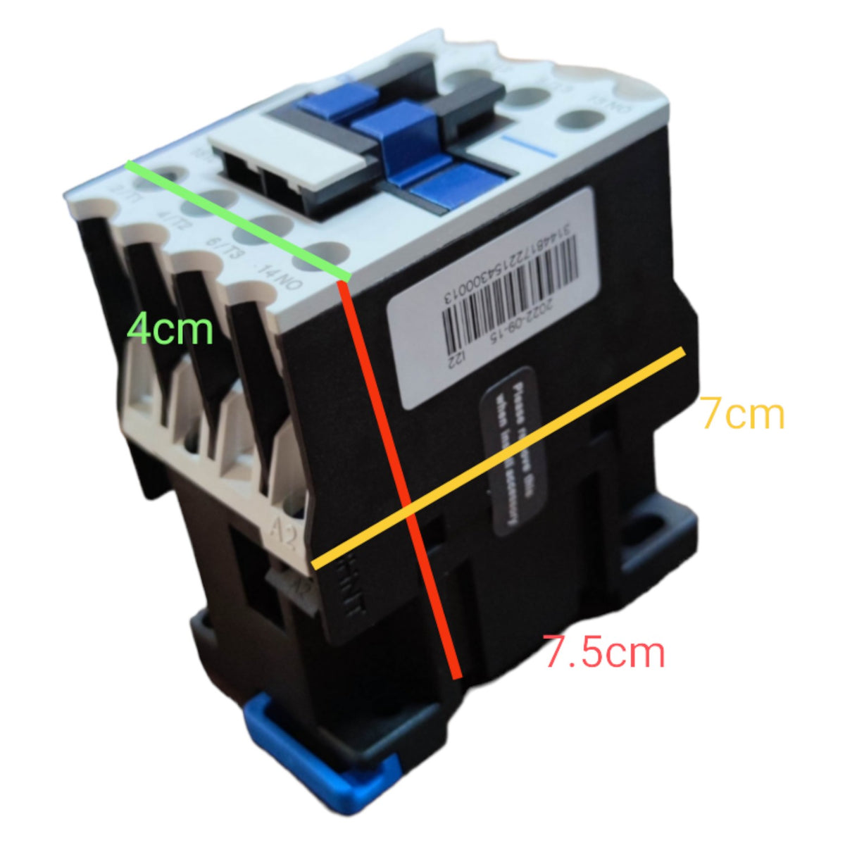 Electrical contactor with measurements marked on a white background