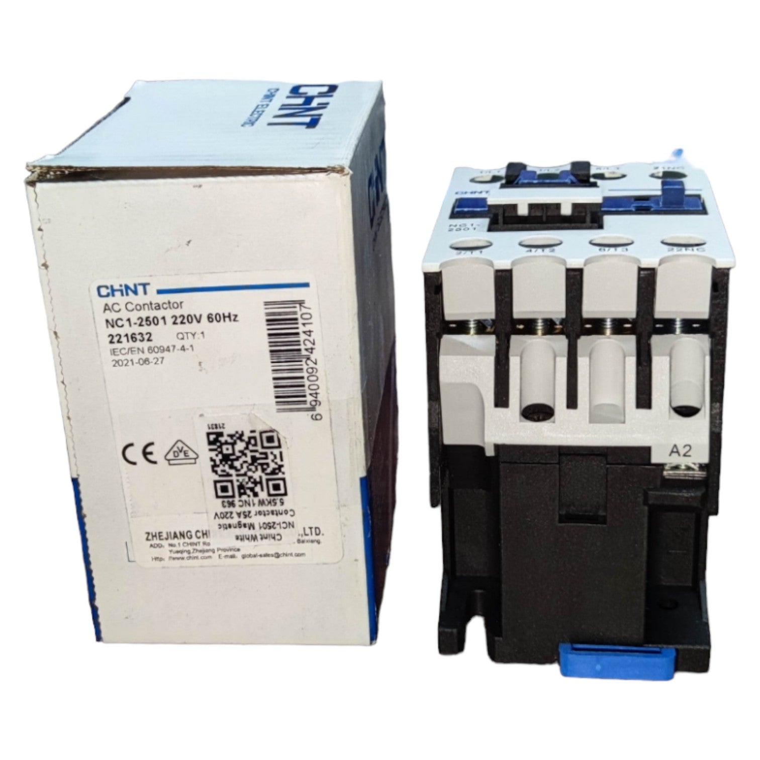 AC contactor with its packaging on a white background