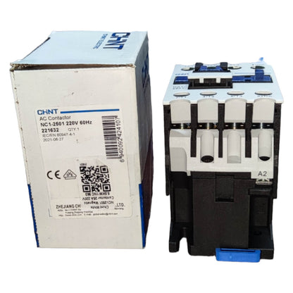 AC contactor with its packaging on a white background