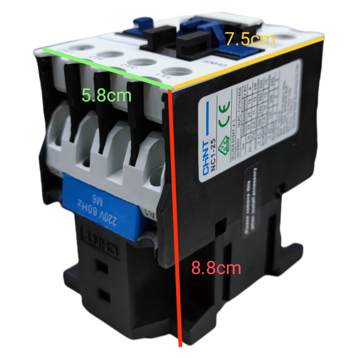 Electrical contactor with dimensions labeled on a white background