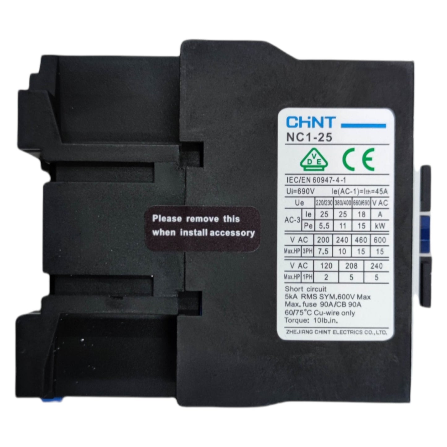 Black electrical component with CHNT branding and technical specifications on a white background