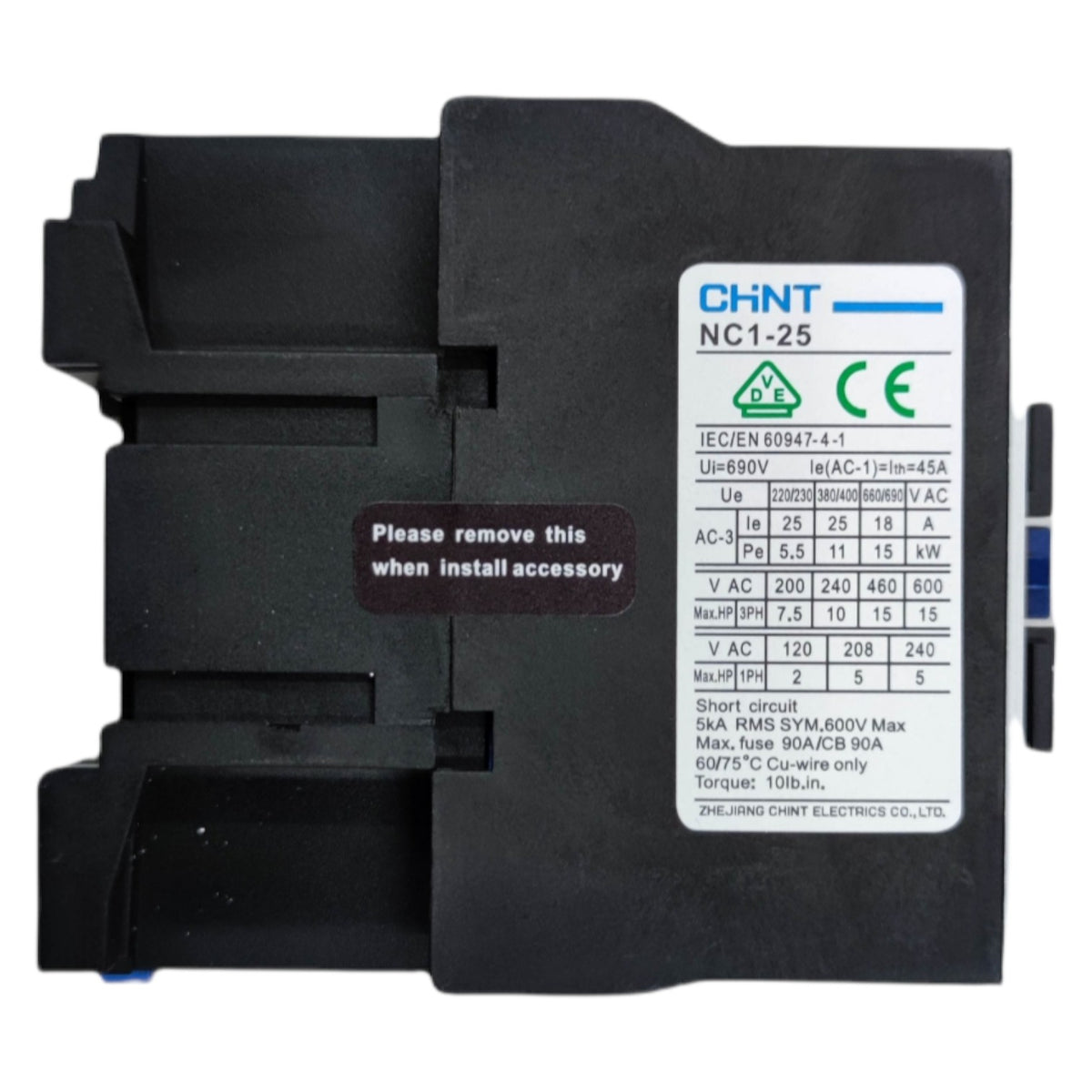 Black electrical component with CHNT branding and technical specifications on a white background
