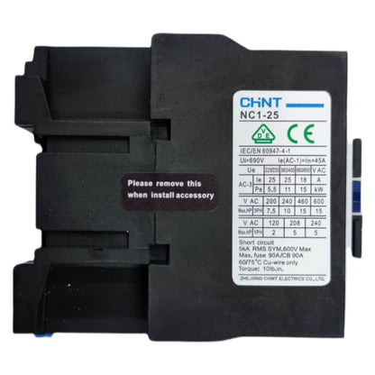 Black electrical component with CHNT branding and technical specifications on a white background