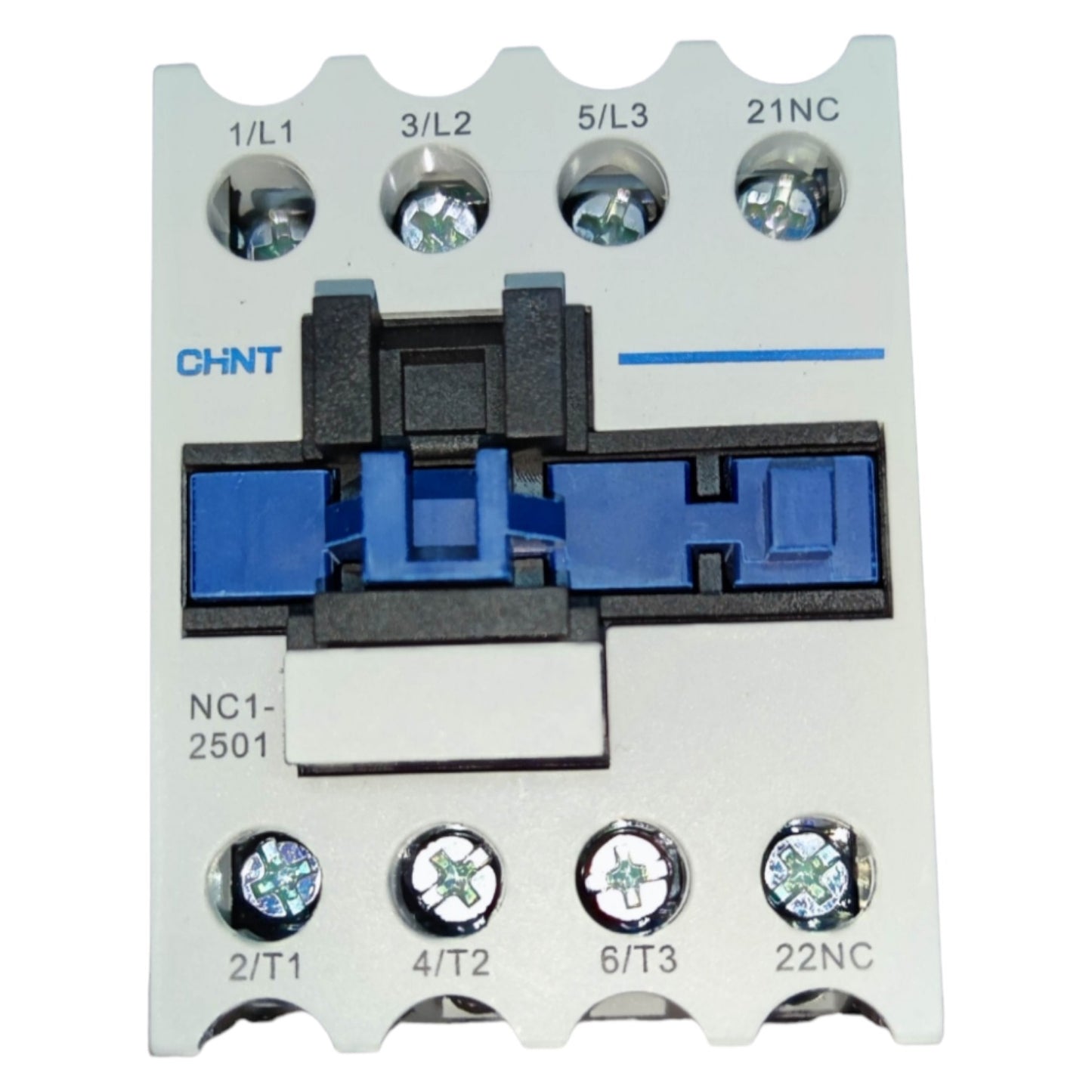 Electrical contactor with labeled terminals on a white background
