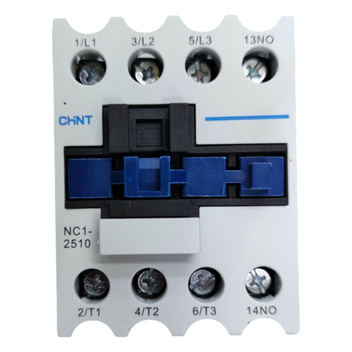 Electrical contactor with labeled terminals on a white background