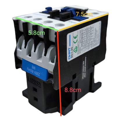 Electrical contactor with dimensions labeled on a white background