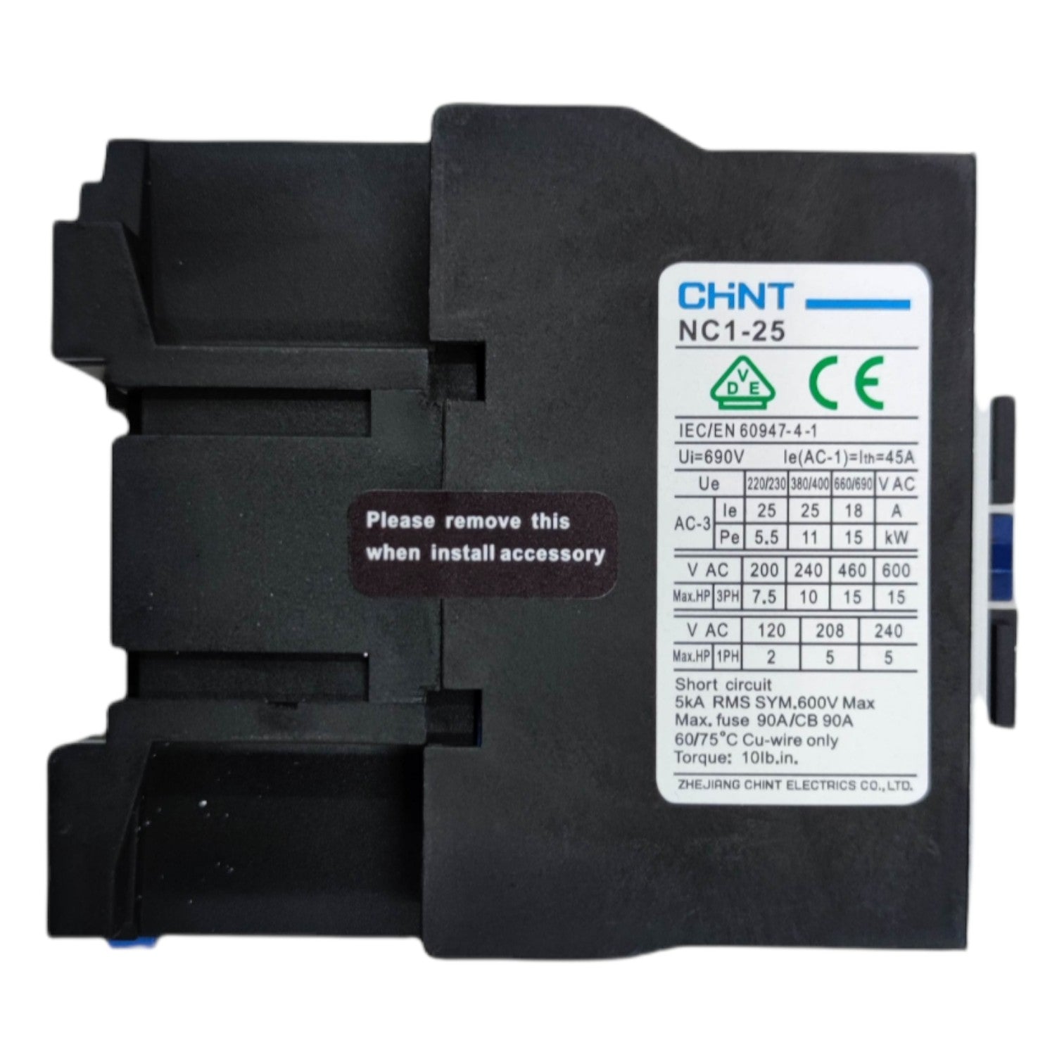 Black electrical component with Chint branding and specifications on a white background