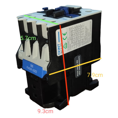Electrical contactor with dimensions marked on a white background