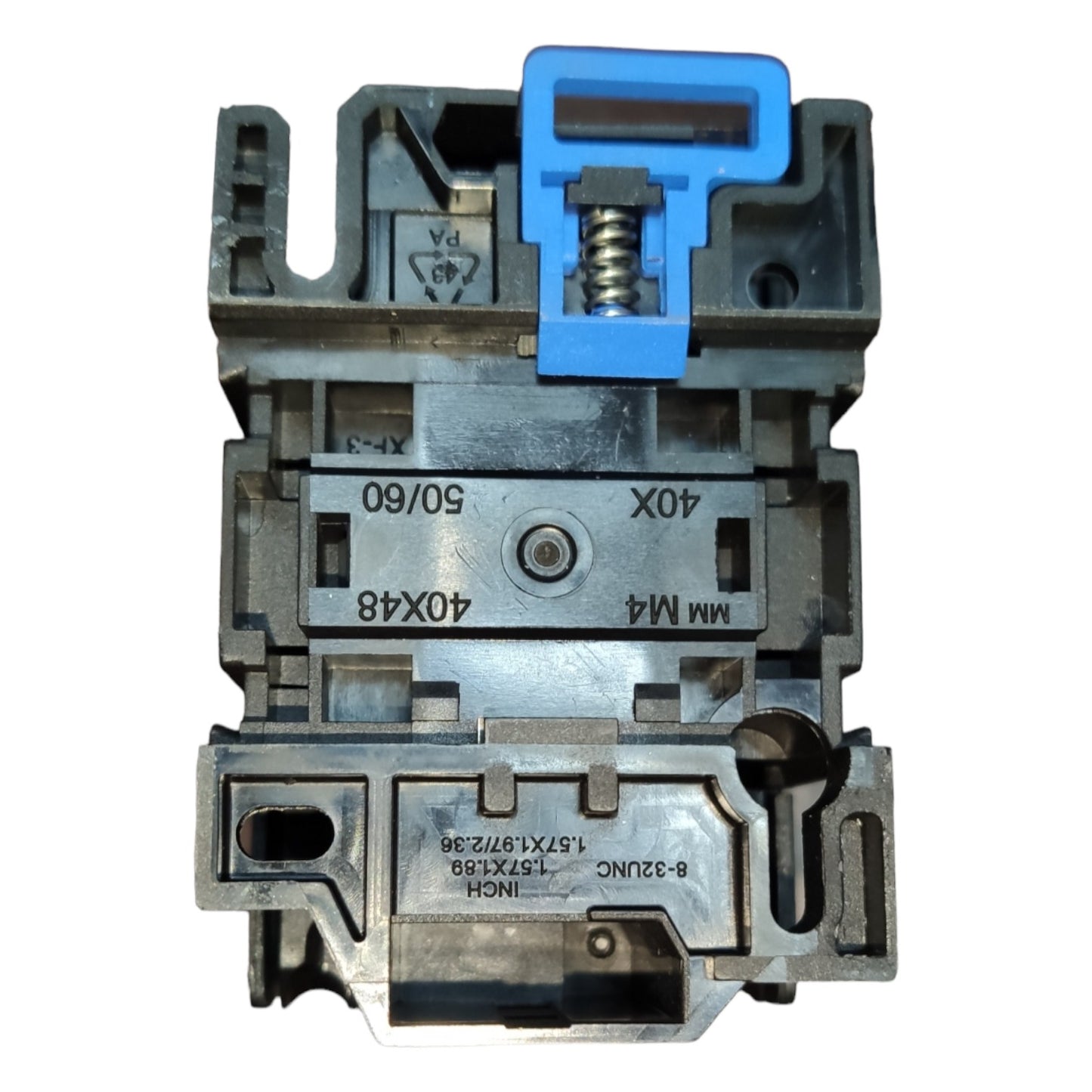 Electrical switch or circuit breaker with blue handle on a white background