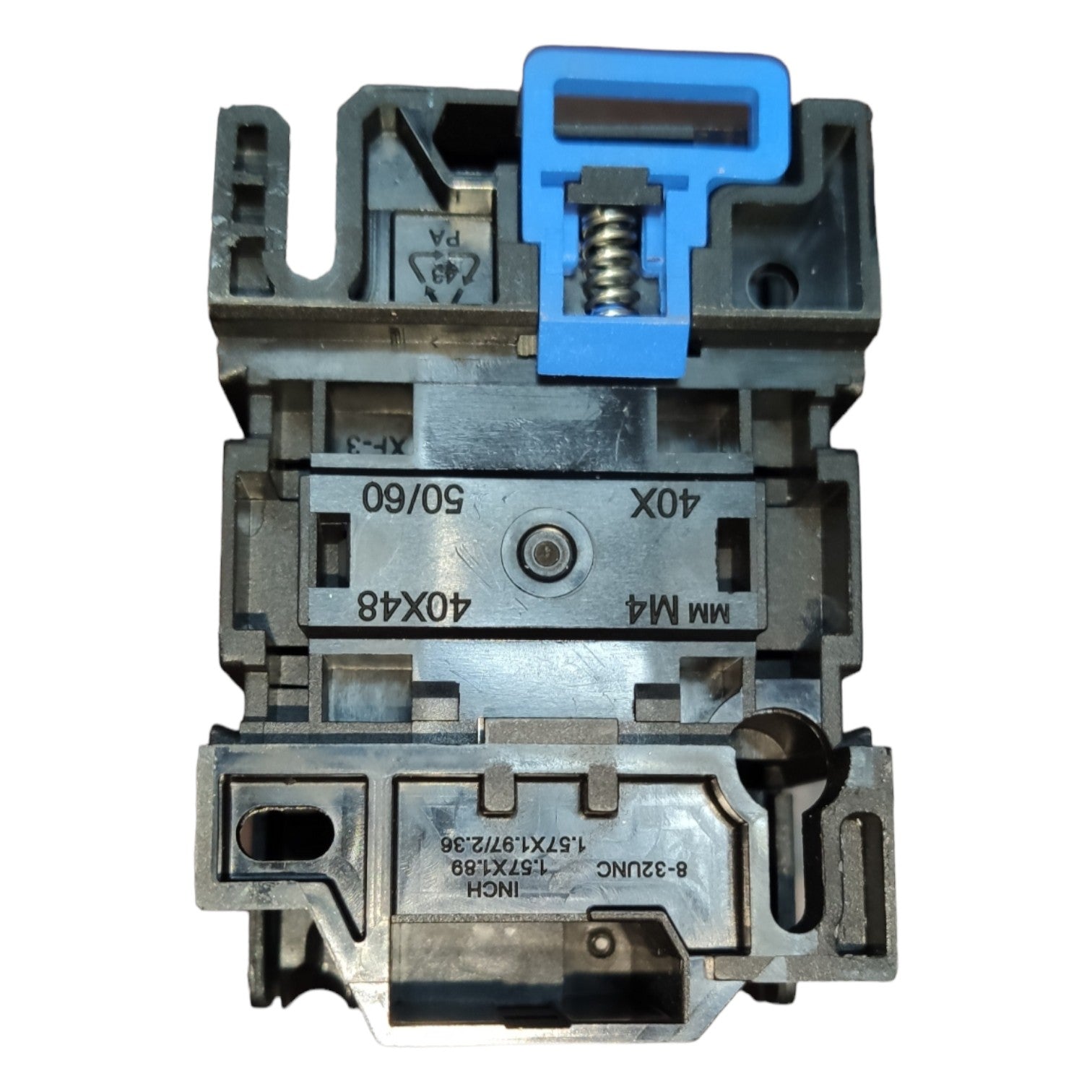 Electrical switch or circuit breaker with blue handle on a white background