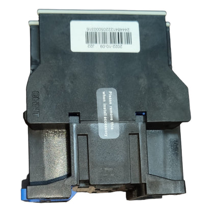 Black printer ink cartridge with labels on a white background