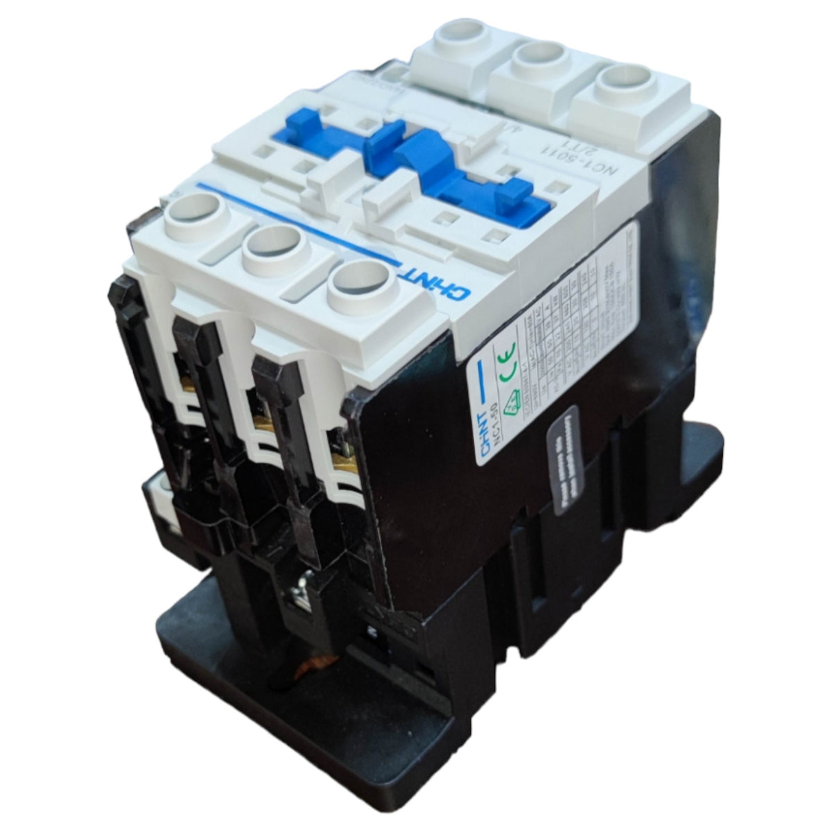 Electrical contactor with white and black casing on a white background