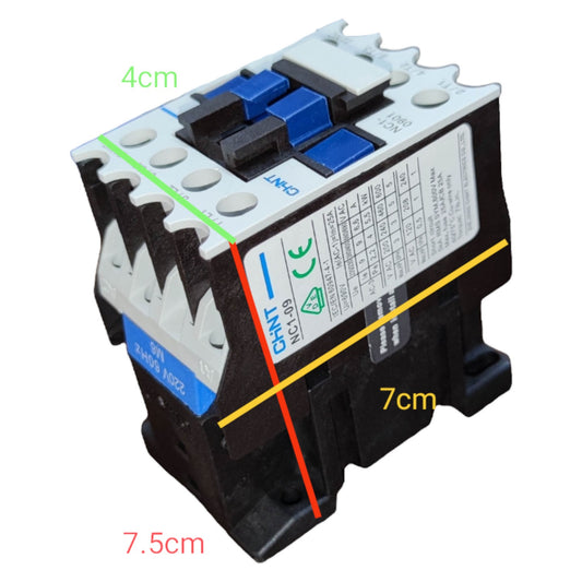 Electrical contactor with dimensions labeled on a white background