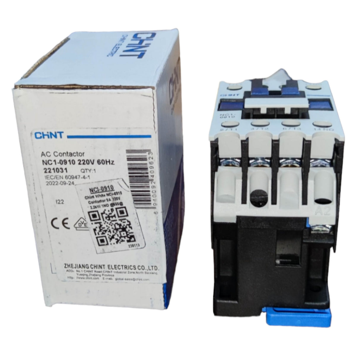 AC contactor with its packaging box displaying the brand 'CHINT'.